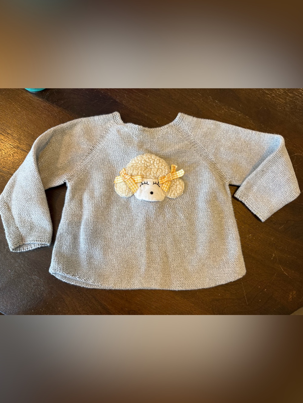 Zara Light Gray Knit Sweater with Lamb Appliqué and Yellow Bows